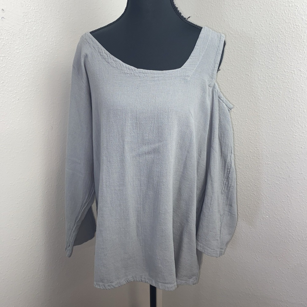 Oh My Gauze! Tunic Top Women's 1 Gray 3/4 Sleeve Cold Shoulder Lagenlook Slouchy